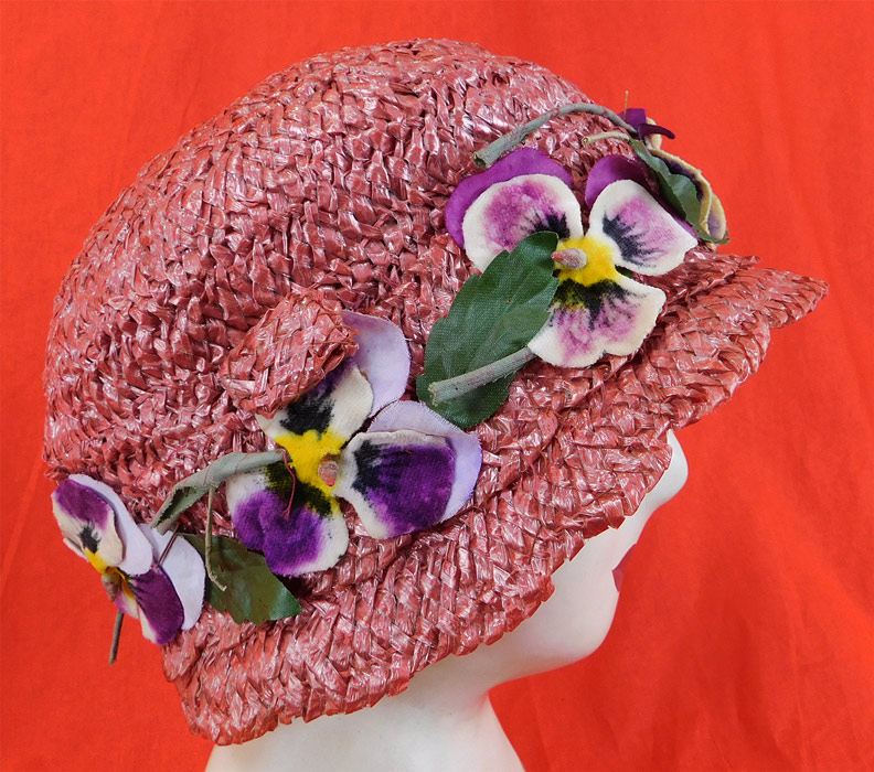 Vintage Woven Pink Straw Purple Velvet Pansy Flower Trim Cloche Hat Hatpin
The hat is a good wearable size measures 23 inches inside crown circumference. 
