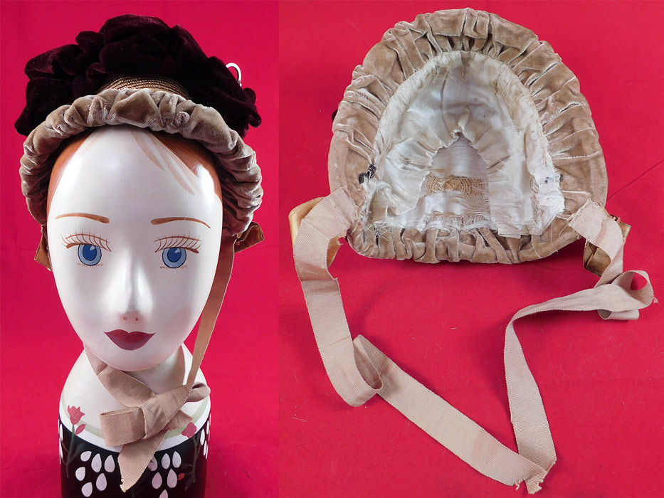 Victorian Woven Natural Straw Beige Burgundy Velvet Brass Hook Trim Bonnet Hat
This beautiful bonnet has ecru beige silk ribbon ties for securing under the chin and is lined with a white silk fabric. 