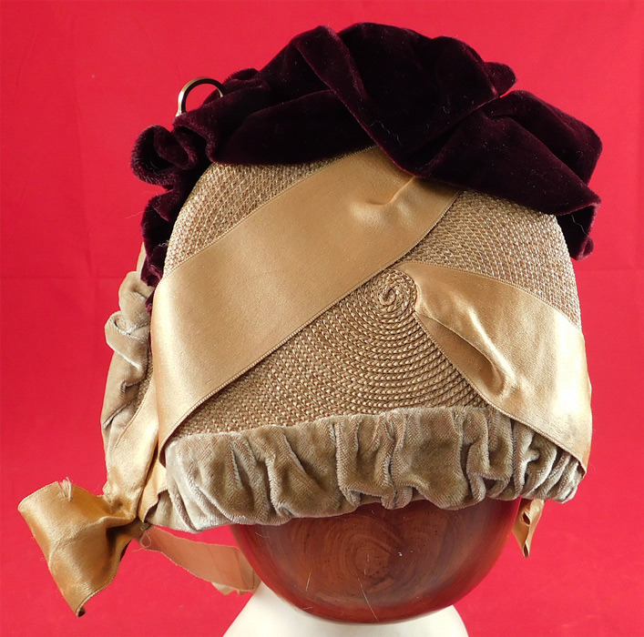 Victorian Woven Natural Straw Beige Burgundy Velvet Brass Hook Trim Bonnet Hat
This is truly a wonderful piece of wearable Victoriana millinery art! 