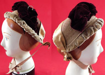 Victorian Woven Natural Straw Beige Burgundy Velvet Brass Hook Trim Bonnet Hat 

