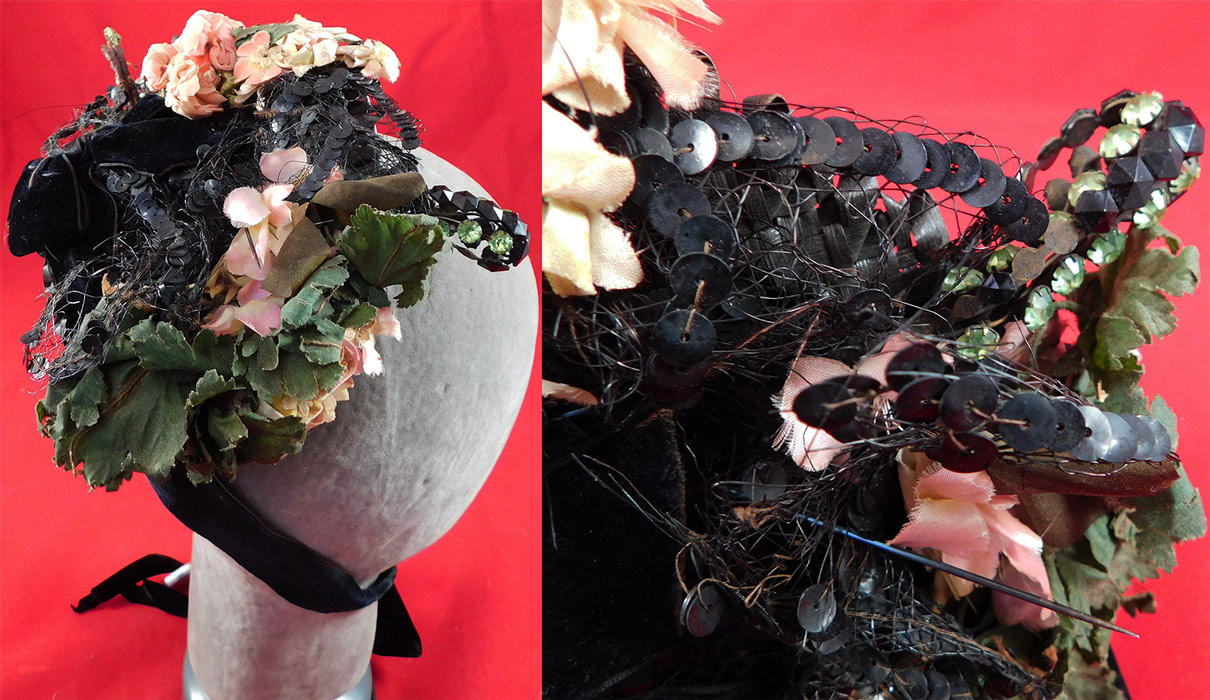 Victorian Frank Fitts Little Five Label Black Straw Fanciful Trim Hat Pin Petite Bonnet
It is made of a black woven straw embellished with black velvet ribbon bows, black sequin netting, pink silk flowers and a pair of green glass jet beaded faceted stones hat pin trim accents.