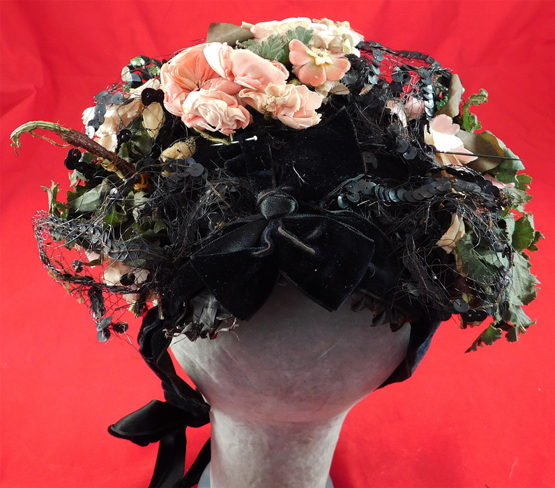 Victorian Frank Fitts Little Five Label Black Straw Fanciful Trim Hat Pin Petite Bonnet
This antique Victorian era Frank Fitts Little Five label black straw fanciful trim hat pin petite bonnet dates from the 1880s.