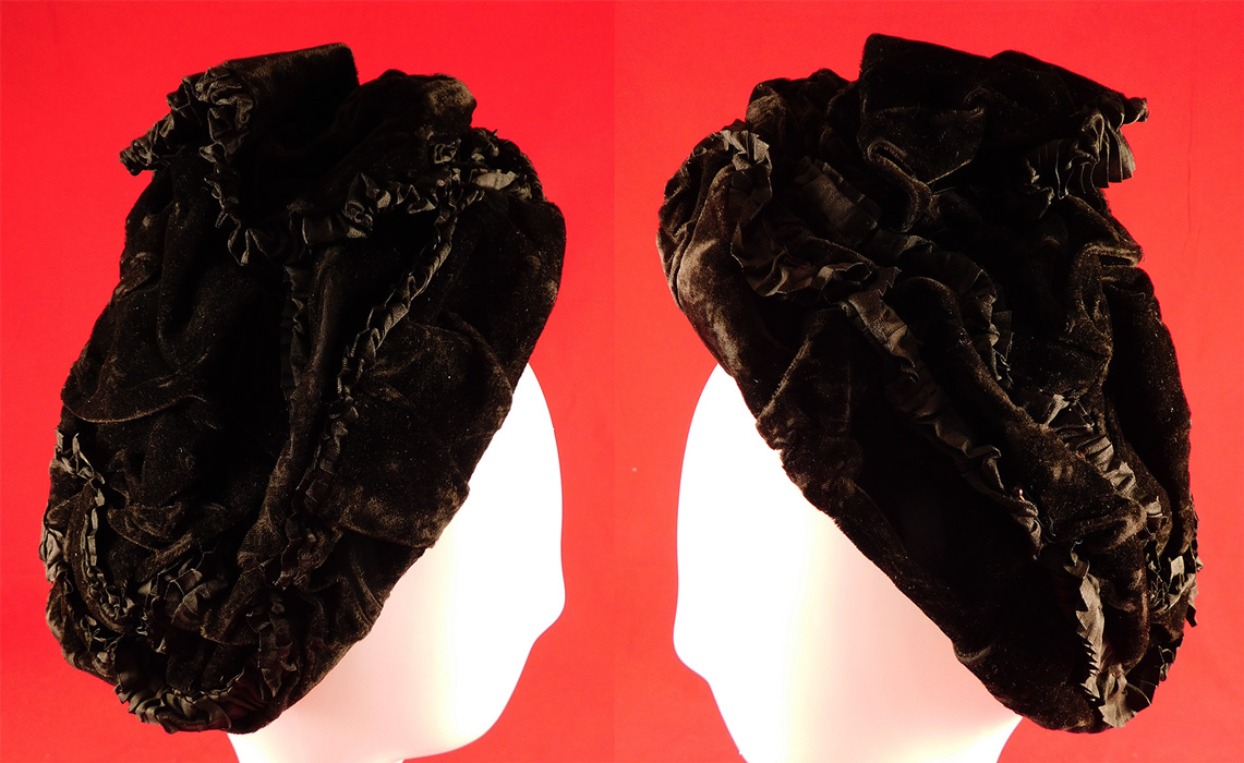 Victorian Black Velvet Silk Ruched Pleated Trim Mourning Bonnet Winter Hat
This antique Victorian era black velvet silk ruched pleated trim mourning bonnet winter hat dates from 1900. It is made of a black silk velvet fabric, with black silk ruched pleated trim edging. 