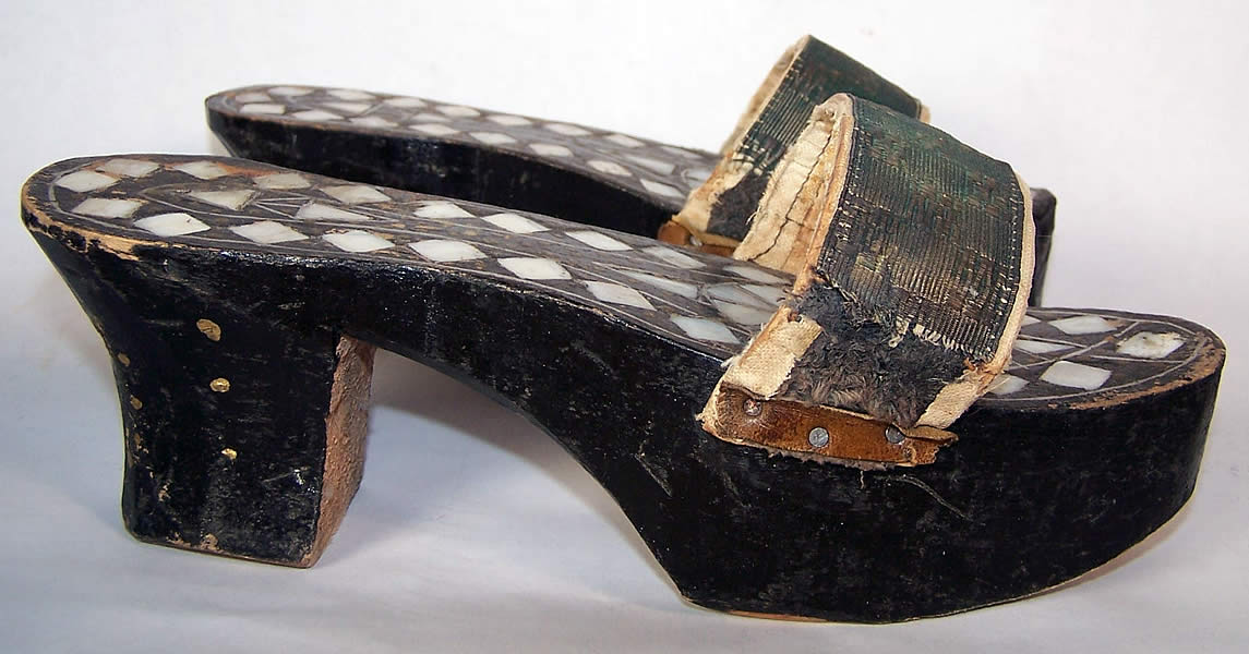Antique Egyptian Mother of Pearl Carved Wood Mule Shoes   Front view.