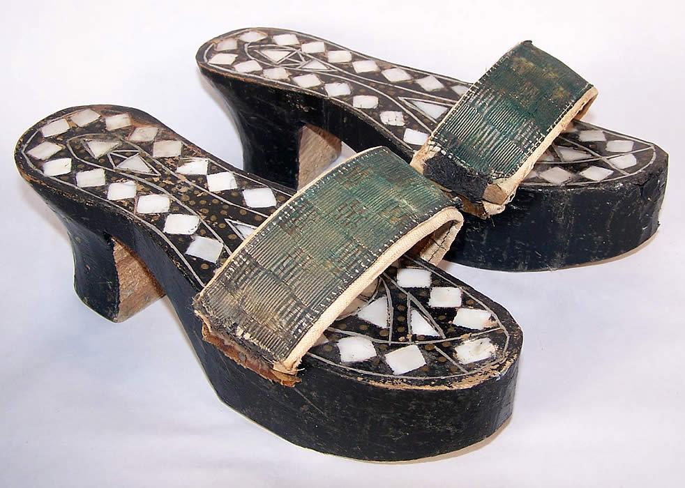  Antique Egyptian Mother of Pearl Carved Wood Mule Shoes 