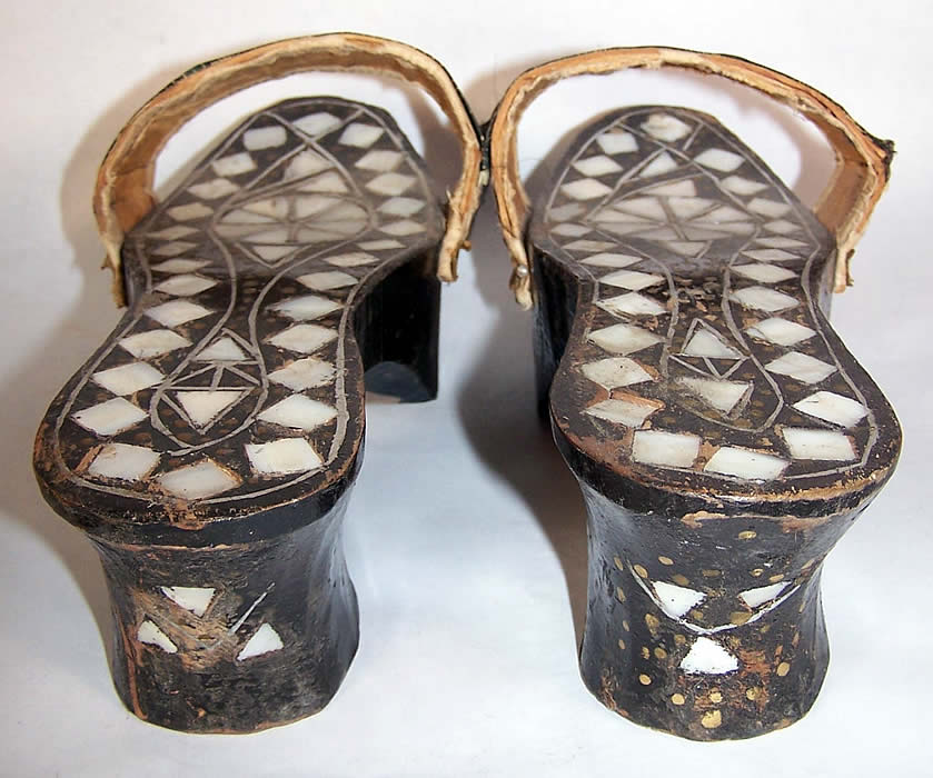 Antique Egyptian Mother of Pearl Carved Wood Mule Shoes  Close up.