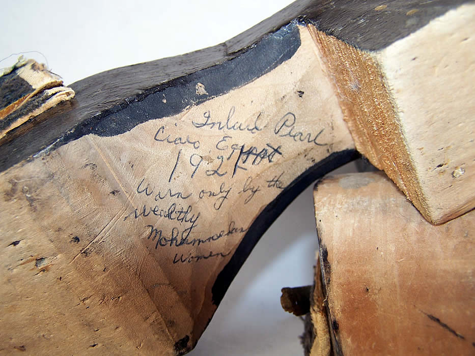  Antique Egyptian Mother of Pearl Carved Wood Mule Shoes Close up.