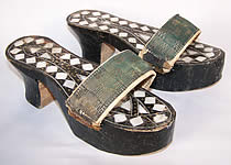Antique Egyptian Mother of Pearl Carved Wood Mule Shoes 