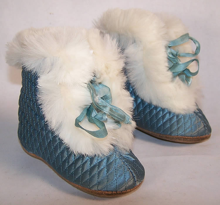 Edwardian Baby Blue Silk Quilted Fur Trim Carriage Boots front View.
