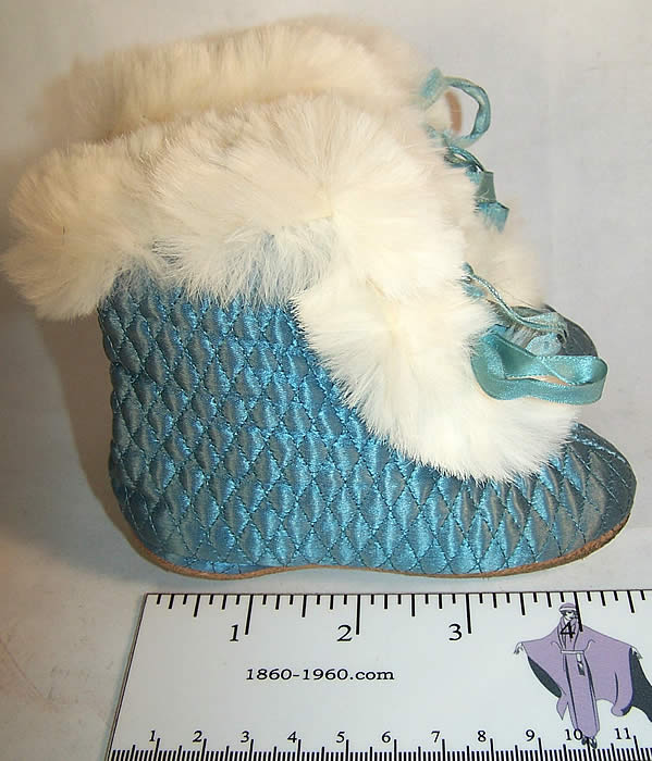 Edwardian Baby Blue Silk Quilted Fur Trim Carriage Boots  side view.