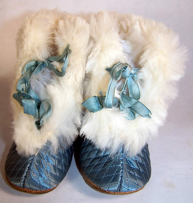 Edwardian Baby Blue Silk Quilted Fur Trim Carriage Boots  front view.