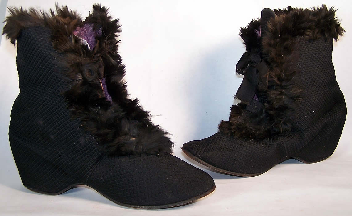  Victorian Black Silk Quilted Fur Trim Winter Carriage Boots  Front view.