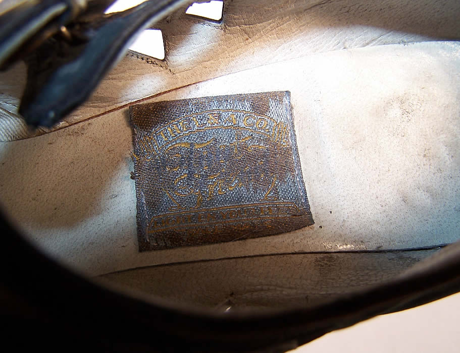 Art Deco Black Leather Silver Buckle Flapper Shoes  Close up.