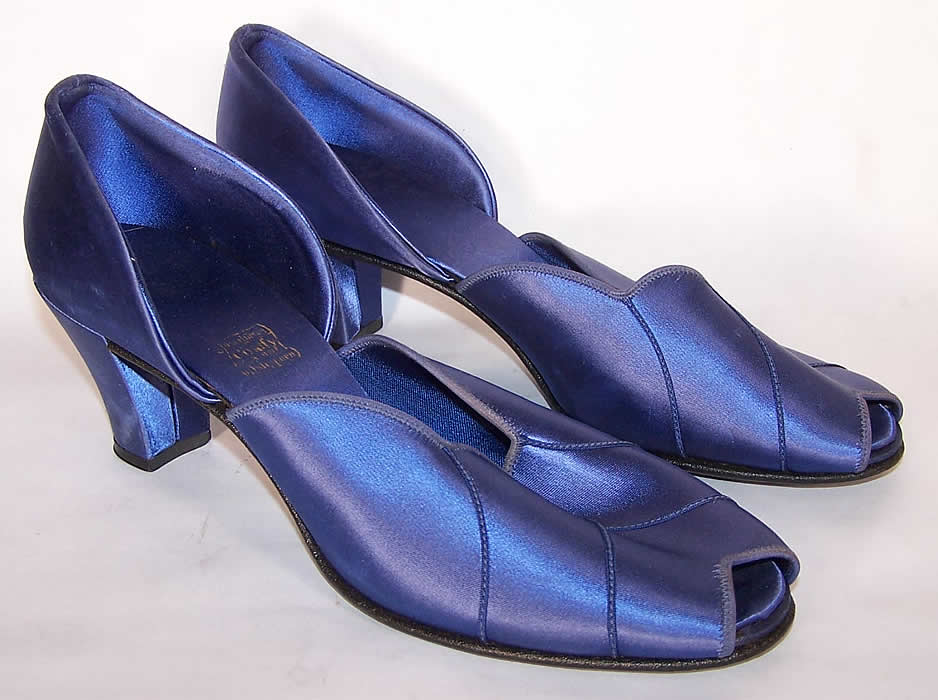 Vintage Daniel Green Comfy Royal Blue Satin Slippers Shoes Side View.