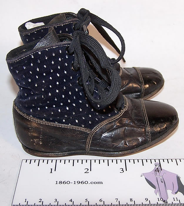 Victorian Blue Velvet White Dot Baby Boots Child Shoes  Side view.