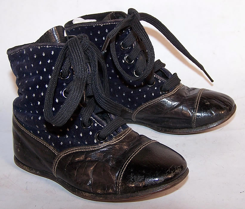 Victorian Blue Velvet White Dot Baby Boots Child Shoes Front View.