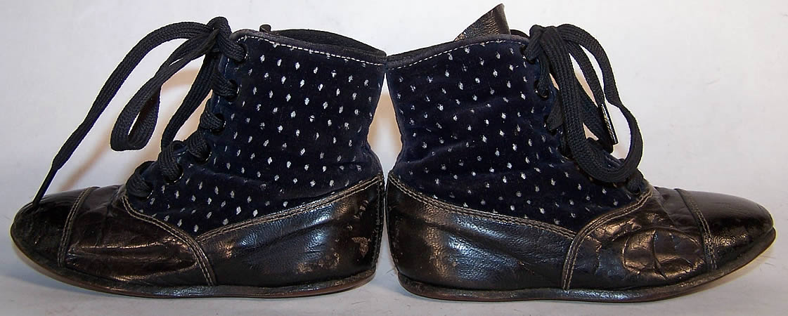 Victorian Blue Velvet White Dot Baby Boots Child Shoes side view.