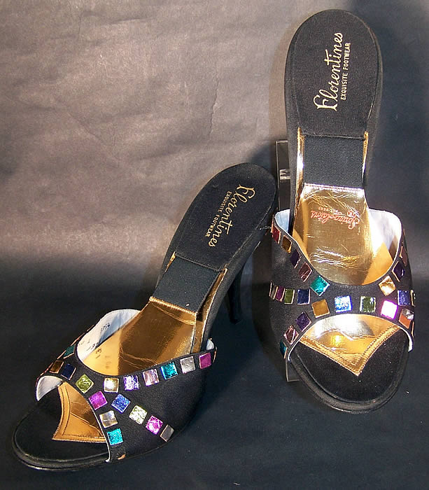 Vintage Springolator Black Silk Jewel Stiletto Shoes Mules   Front view.