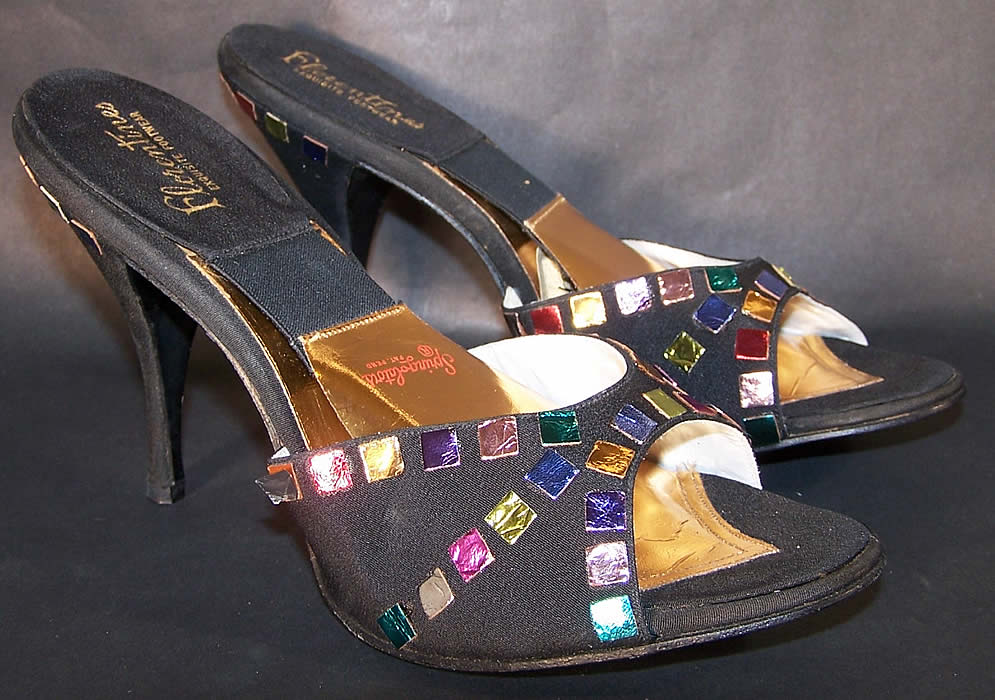 Vintage Springolator Black Silk Jewel Stiletto Shoes Mules Side View.