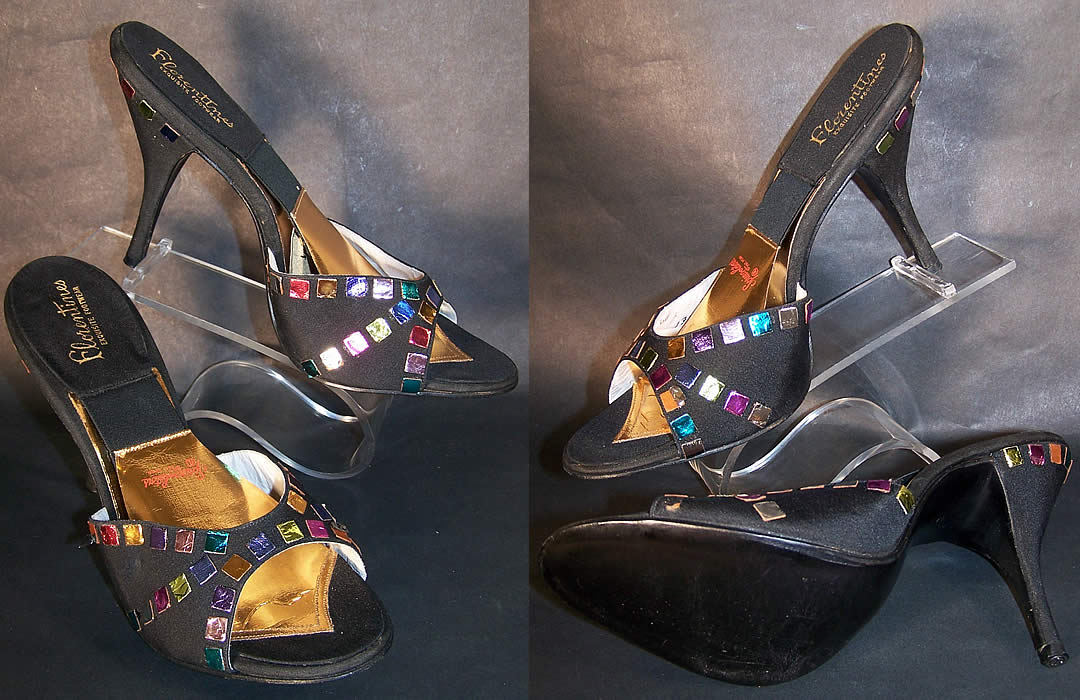Vintage Springolator Black Silk Jewel Stiletto Shoes Mules side view