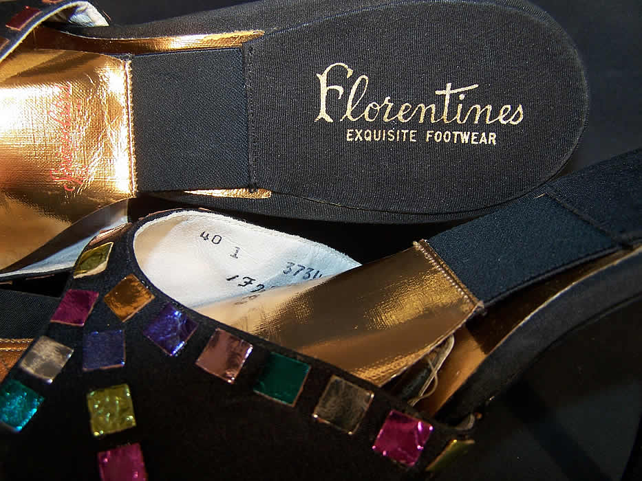 Vintage Springolator Black Silk Jewel Stiletto Shoes Mules  Close up.