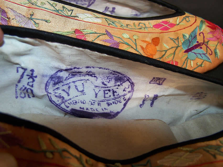 Chinese Gold Silk Embroidered Butterfly Slipper Shoes  Close up.