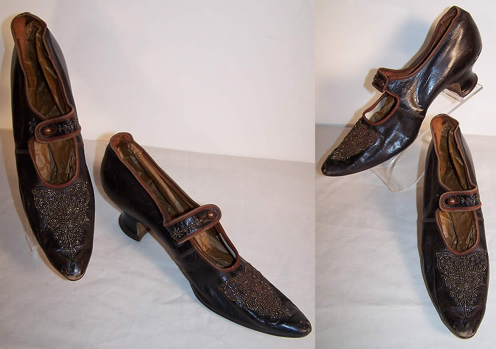 Edwardian Bronze Beaded Button Strap Mary Jane Shoes   Front view.