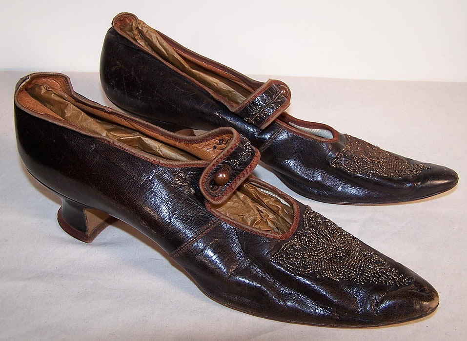 Edwardian Bronze Beaded Button Strap Mary Jane Shoes Side View.