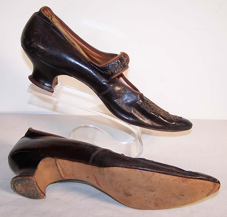 Edwardian Bronze Beaded Button Strap Mary Jane Shoes Side Bottom View