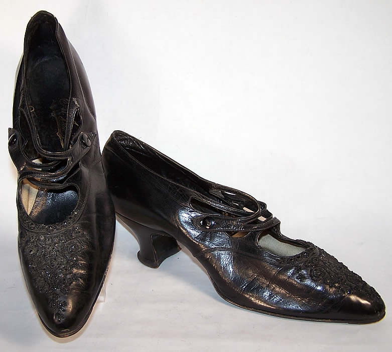 Victorian Black Leather Jet Beaded Button Strap Shoes  Front view.