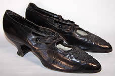 Victorian Black Leather Jet Beaded Button Strap Shoes
