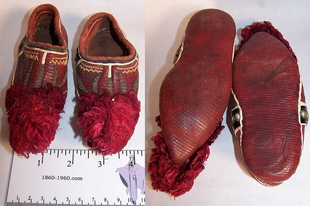 Greek Opanke Tsarouhi Childs Red Pompom Shoes  Front view.