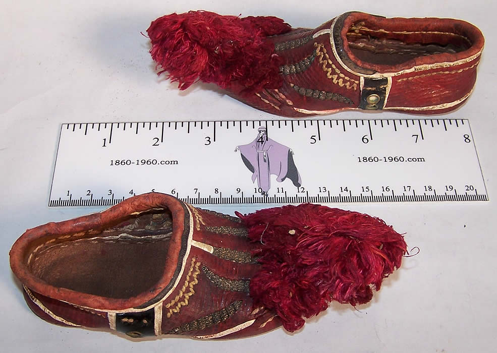 Greek Opanke Tsarouhi Childs Red Pompom Shoes side view.