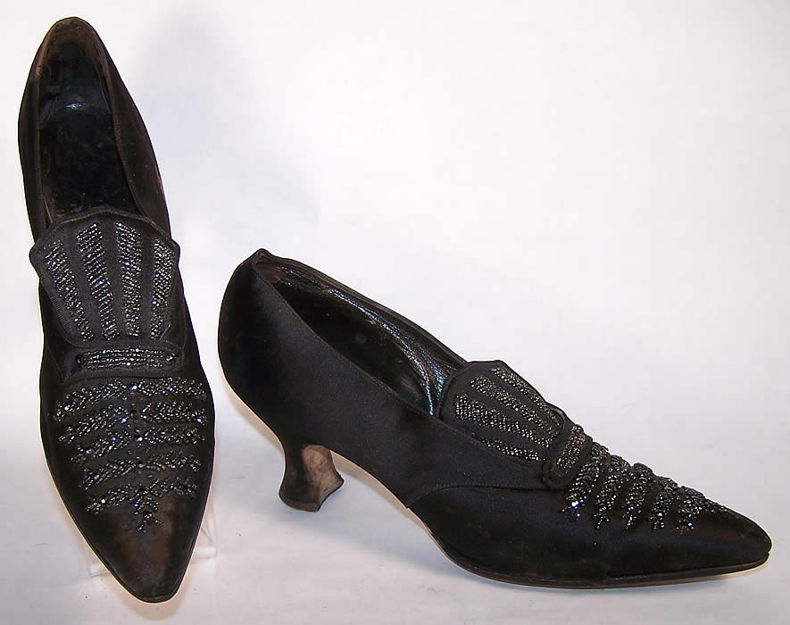 Titanic Edwardian Black Silk Satin Jet Beaded Shoes  Front view.