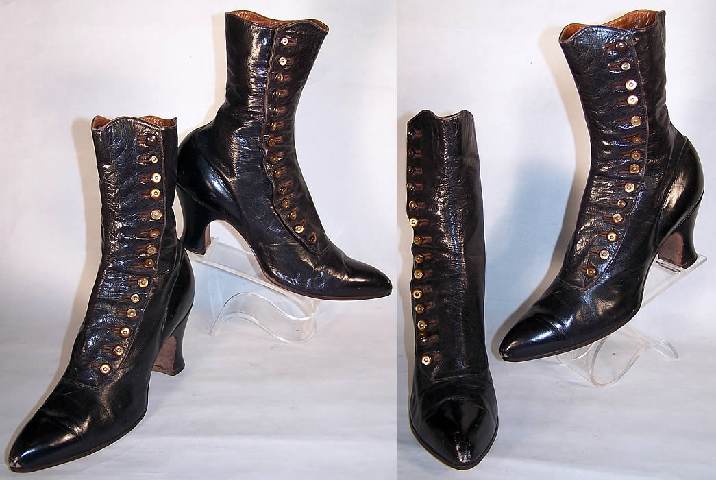 Victorian Bronze Brown Leather High Top Button Boots   Front view.