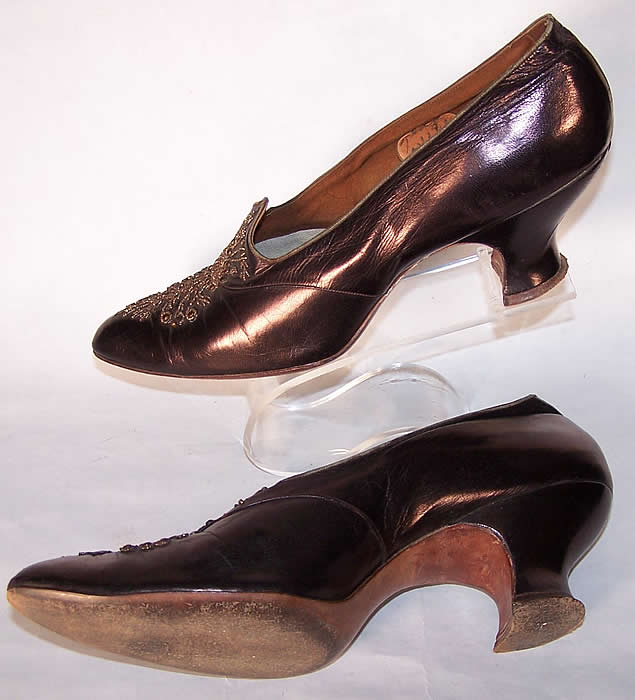 Titanic Edwardian Iridescent Bronze Beaded Shoes Close up.