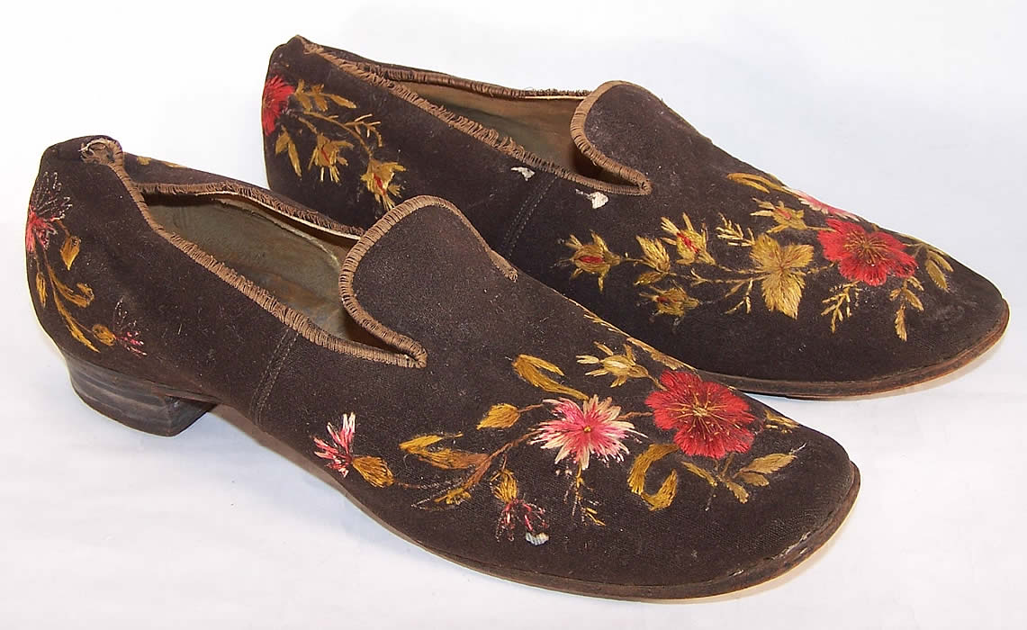 Victorian Gentlemen's Brown Wool Embroidered Slipper Shoes side View.