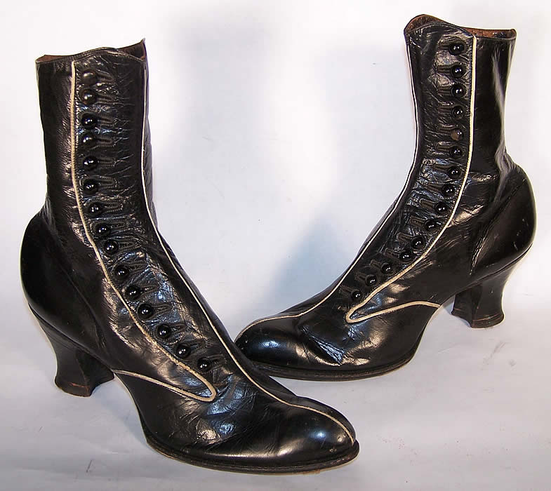 Victorian Black Leather White Stripe High Button Boots   Front view.