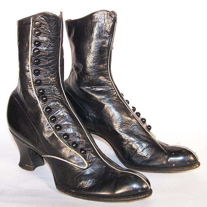 Victorian Black Leather White Stripe High Button Boots front View.