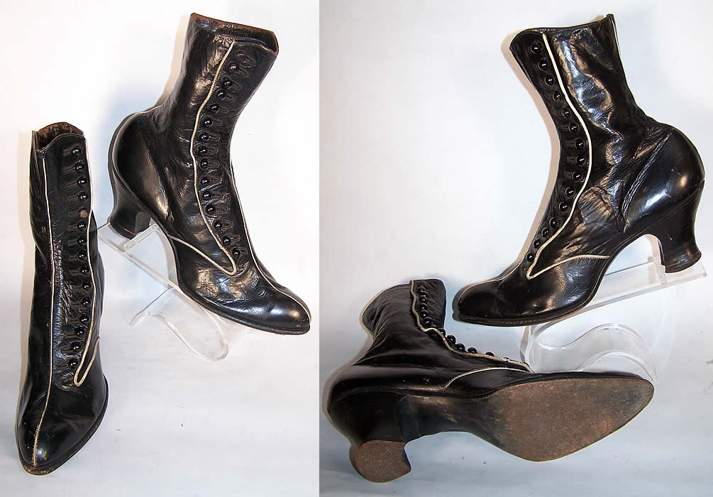 Victorian Black Leather White Stripe High Button Boots  side view.