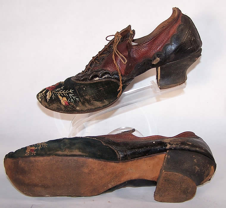 Victorian Red & Black Embroidered Velvet Leather Shoes  Close up.