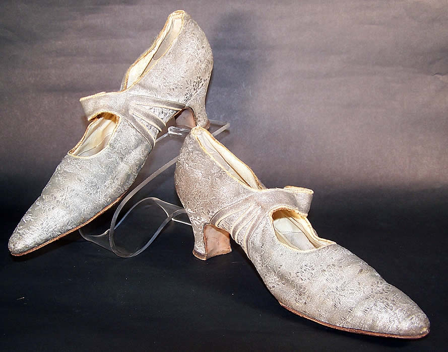 Art Deco Silver Lam&eacute; Brocade Mary Jane Button Strap Shoes  Front view.