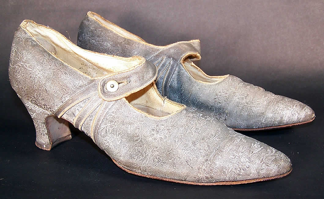 Art Deco Silver Lam&eacute; Brocade Mary Jane Button Strap Shoes Side View.