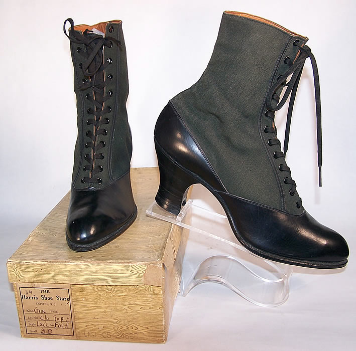 Unworn Edwardian Harris Shoe Store Black Leather Wool Boots Box Front View.