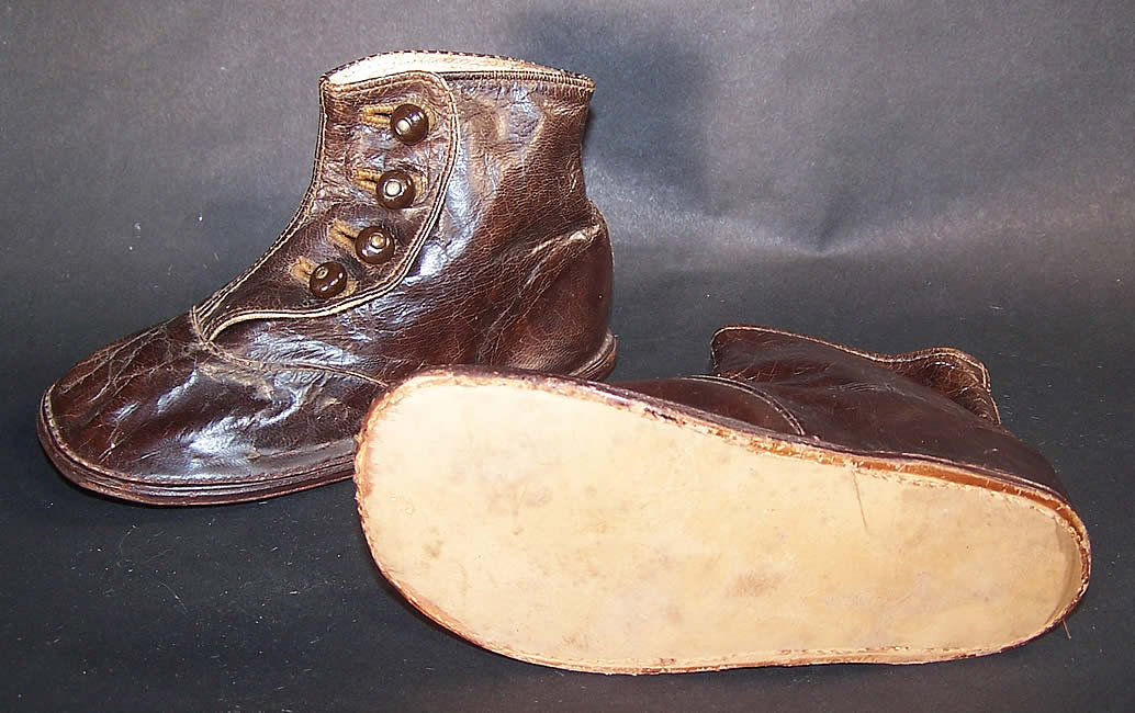 Edwardian Dark Brown Leather High Button Child Baby Boots Shoes Close up.