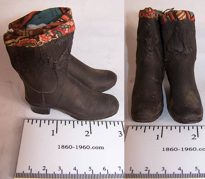 Victorian Antique Miniature Salesman Sample Vintage Goodyear Rubber Boots side and front view