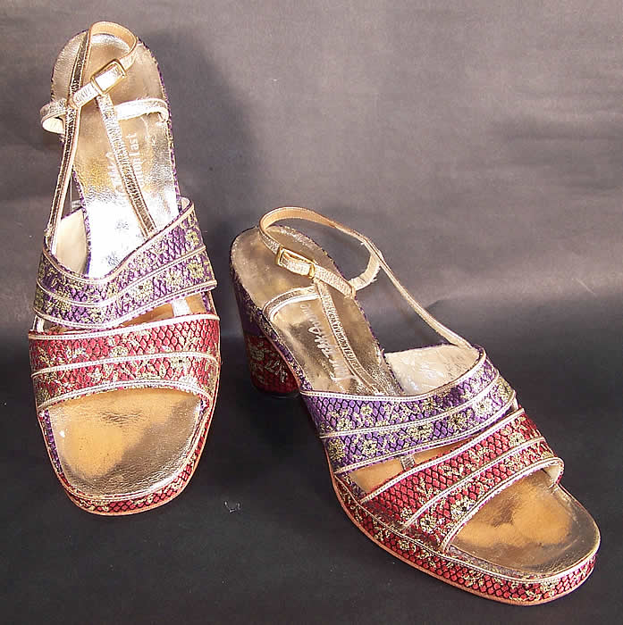 Vintage Saks Fifth Ave Fenton Last Silk Brocade Gold Lam&eacute; Sandal Shoes