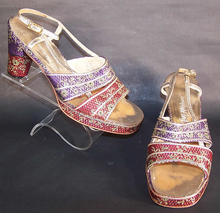 1970s Vintage Saks Fifth Ave Fenton Last Silk Brocade Gold Lam&eacute; Sandal Shoes sz 6
