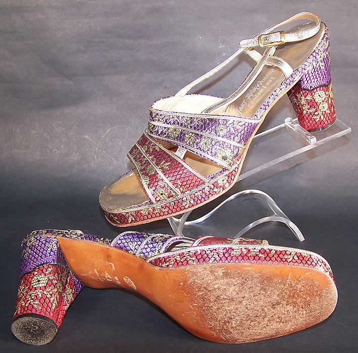 Vintage Saks Fifth Ave Fenton Last Silk Brocade Gold Lam&eacute; Sandal Shoes