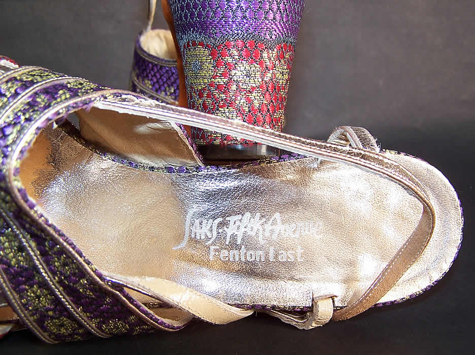 Vintage Saks Fifth Ave Fenton Last Silk Brocade Gold Lam&eacute; Sandal Shoes label